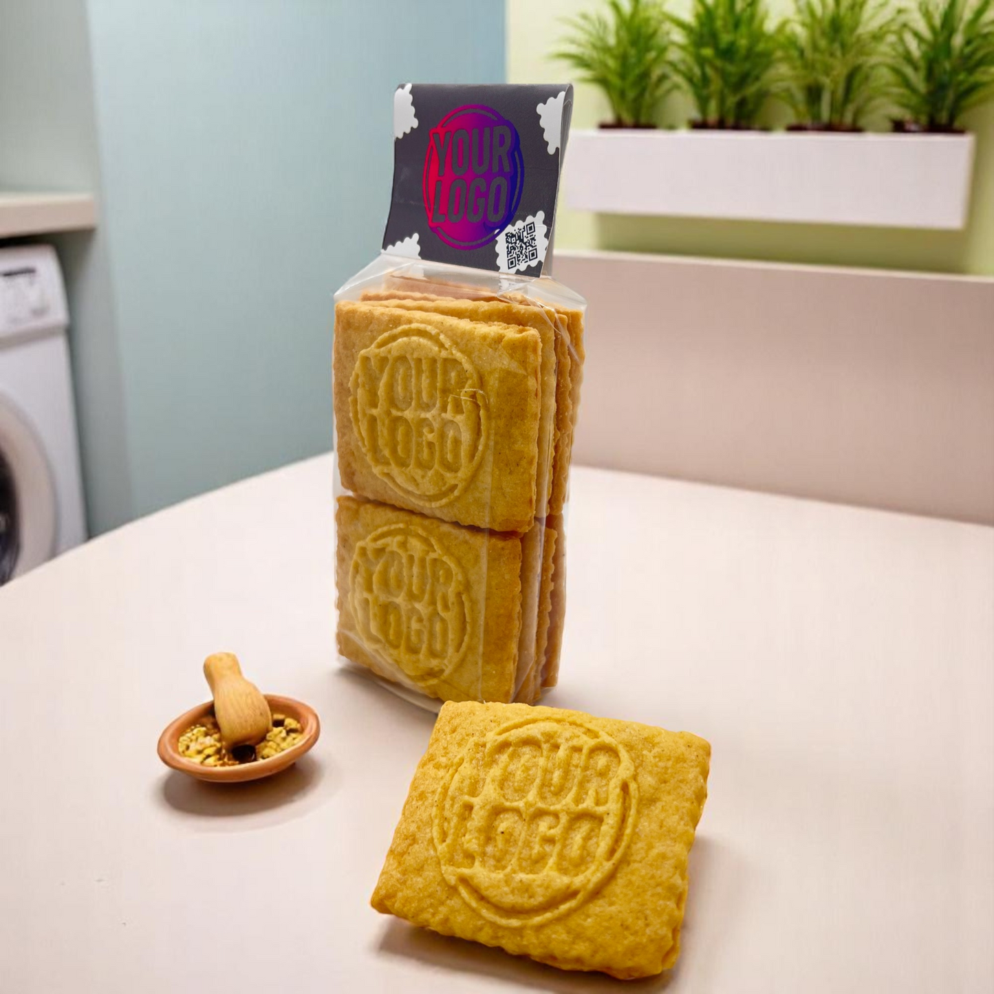 Beutel mit 8 Logokeksen und individuellem Keksreiter auf hellem Tisch, daneben einzelner Keks und kleine Schale mit Senfkörnern – ideal als Werbegeschenk