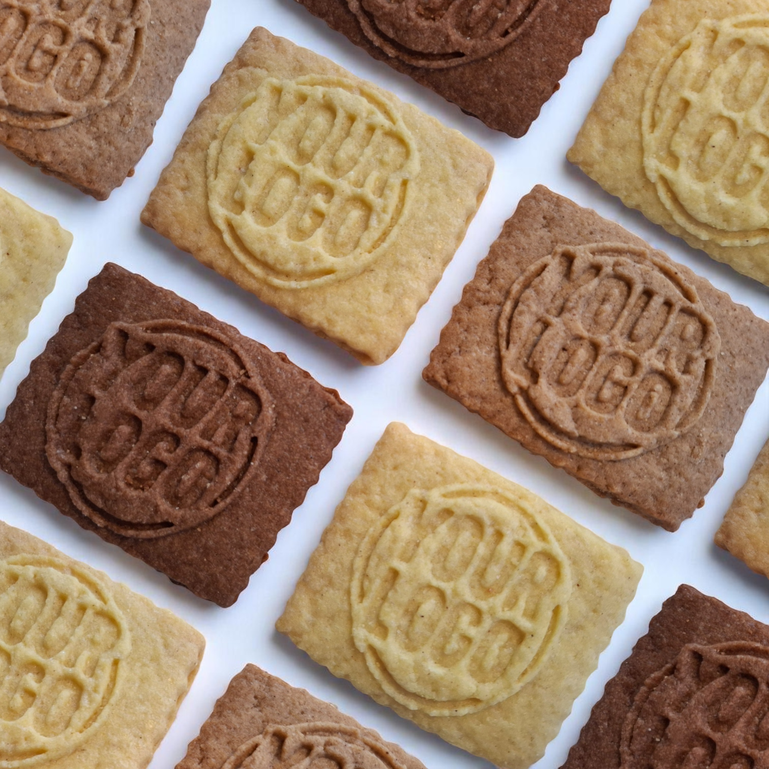 Unverpackte Logokekse in verschiedenen Sorten wie Schokolade, Vanille, Karamell und Spekulatius diagonal auf weißem Untergrund – nachhaltige Wahl für Gastronomie und Events